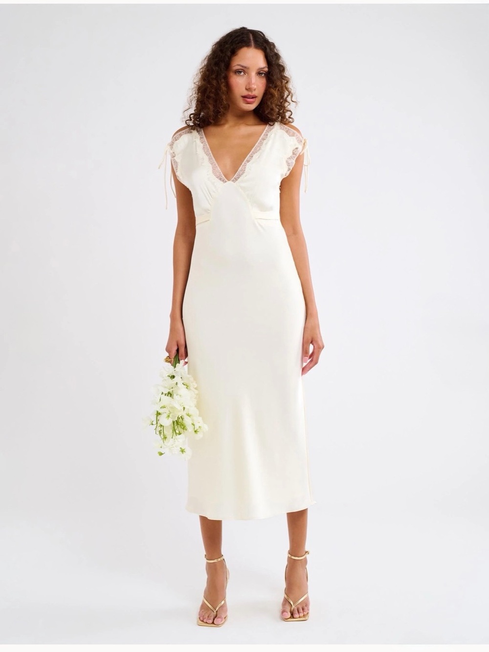 Rumored Monarch Midi Dress Cream V-Neck Lace-Trim
